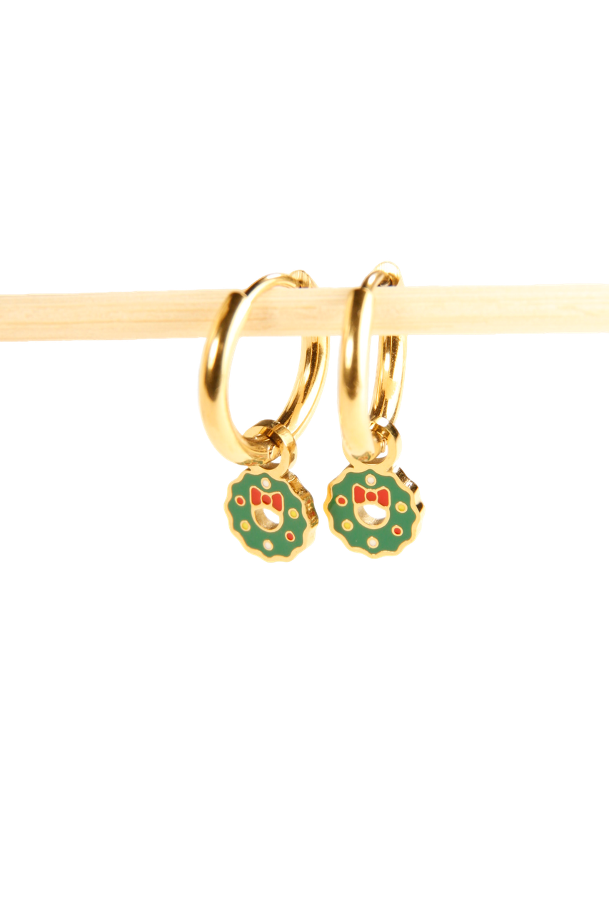 Christmas Wreath Charm Hoop Earrings Holiday Huggies